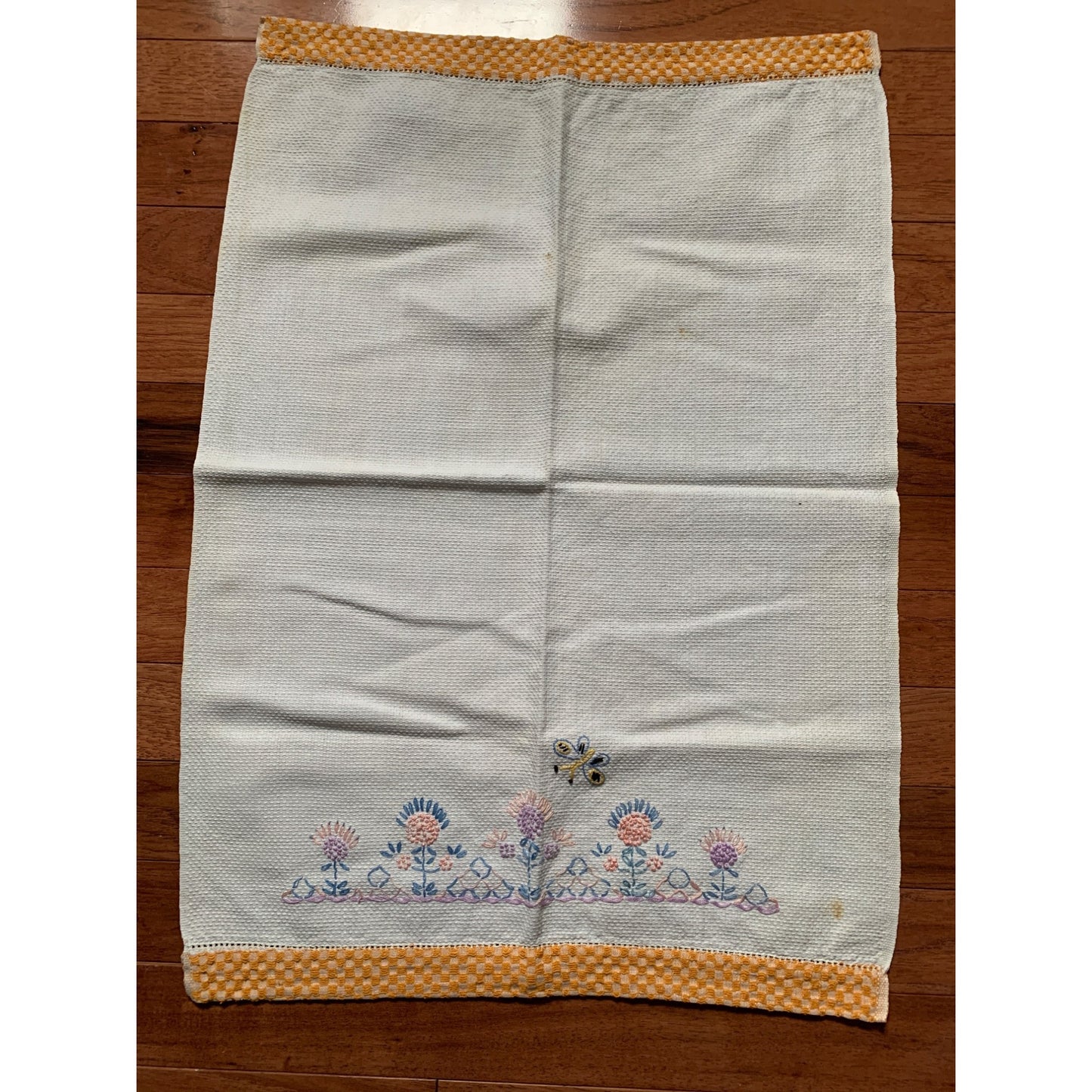 Vintage Blue Pink and Purple embroidered flower hand towel