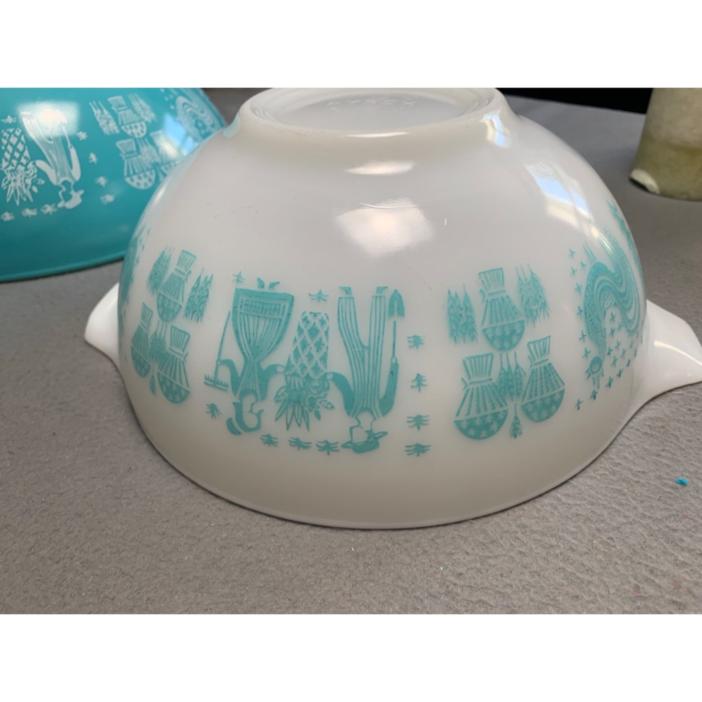 Vintage Pyrex Butterprint Turquoise & White Cinderella Bowls 443 & 444 Set