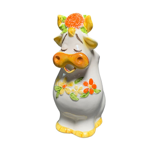 Vintage Bossie Cow-Shaped Ceramic Pitcher with Floral Accents & Handle Lefton