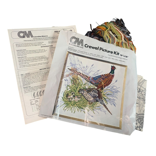 Columbia-Minerva Crewel Picture Kit 16"x16" Pheasant Family Hallmark Design