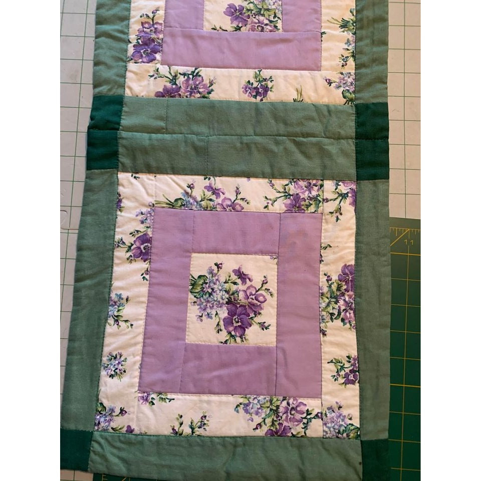 Handmade Green with Purple Flowers Quilted Runner 12” X 37”