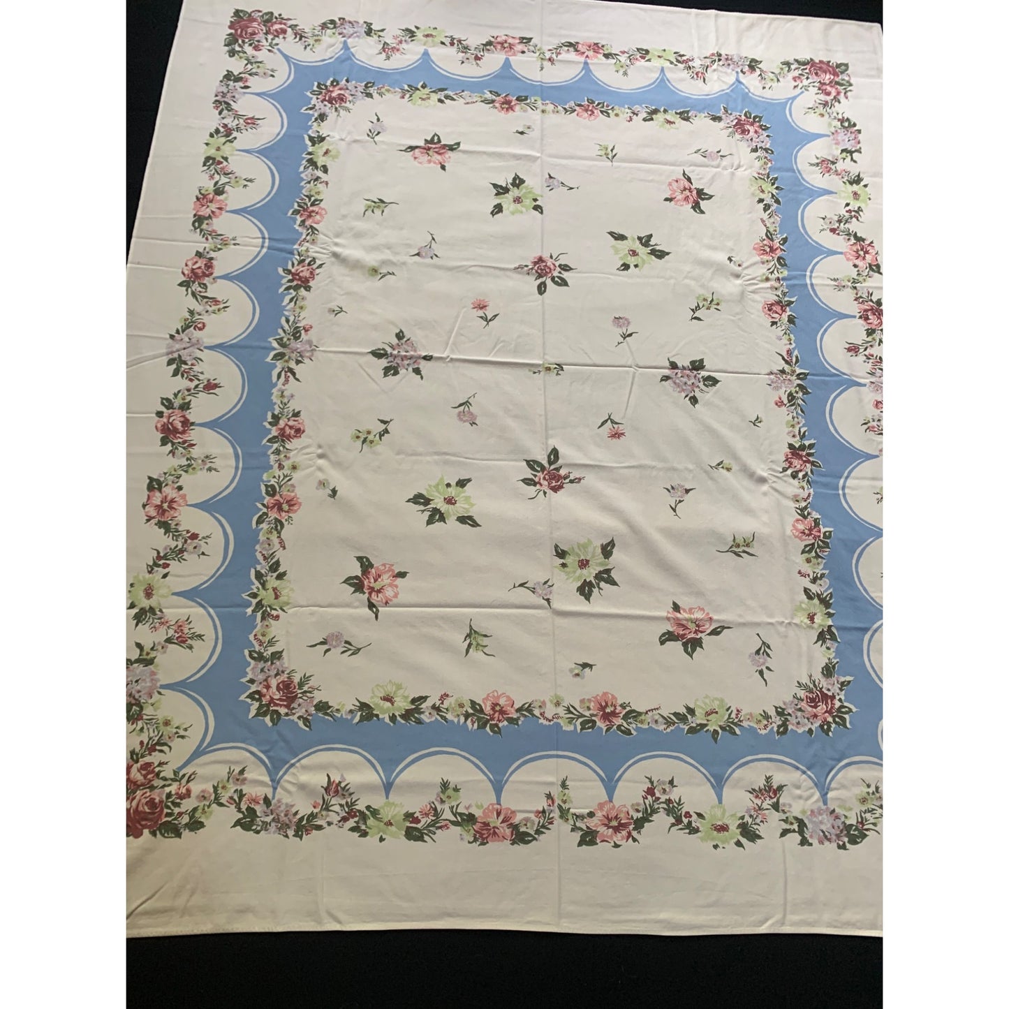 Vintage Blossom Breeze Floral Tablecloth with Blue & Pink Rose Border