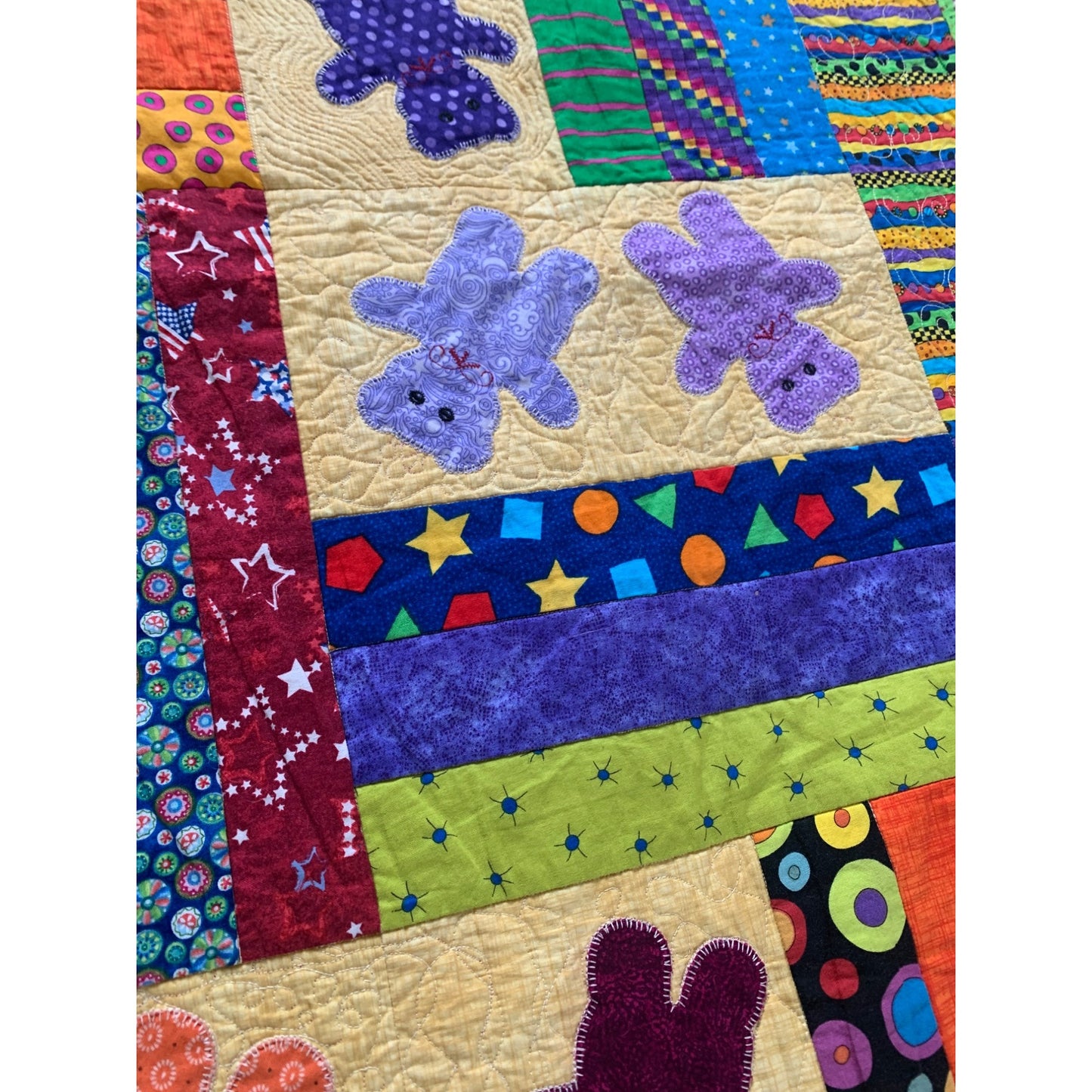 Handmade Rail Fence and Applique Blocks and Teddy Bear motifs Quilt with pillow