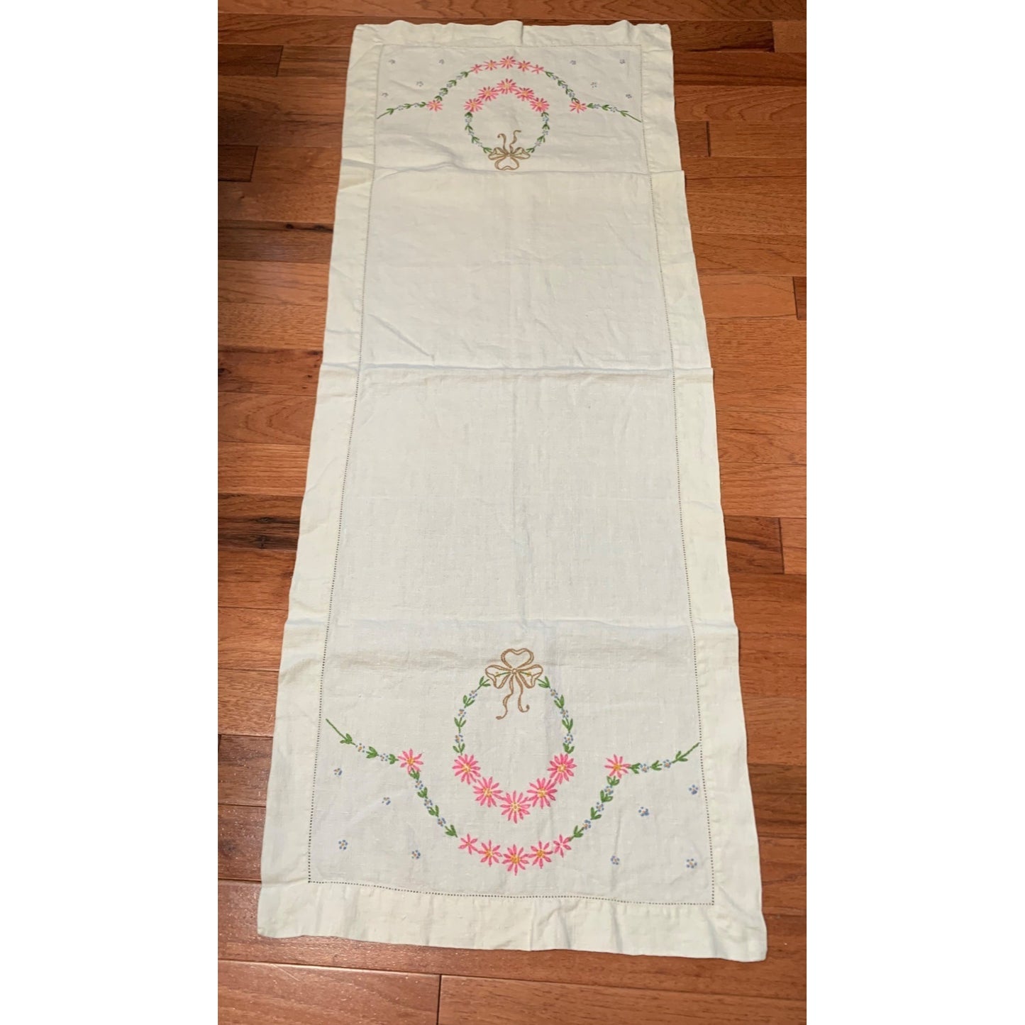 Vintage Embroidery Pink and Blue Flower Linen Table Runner 16"x41"