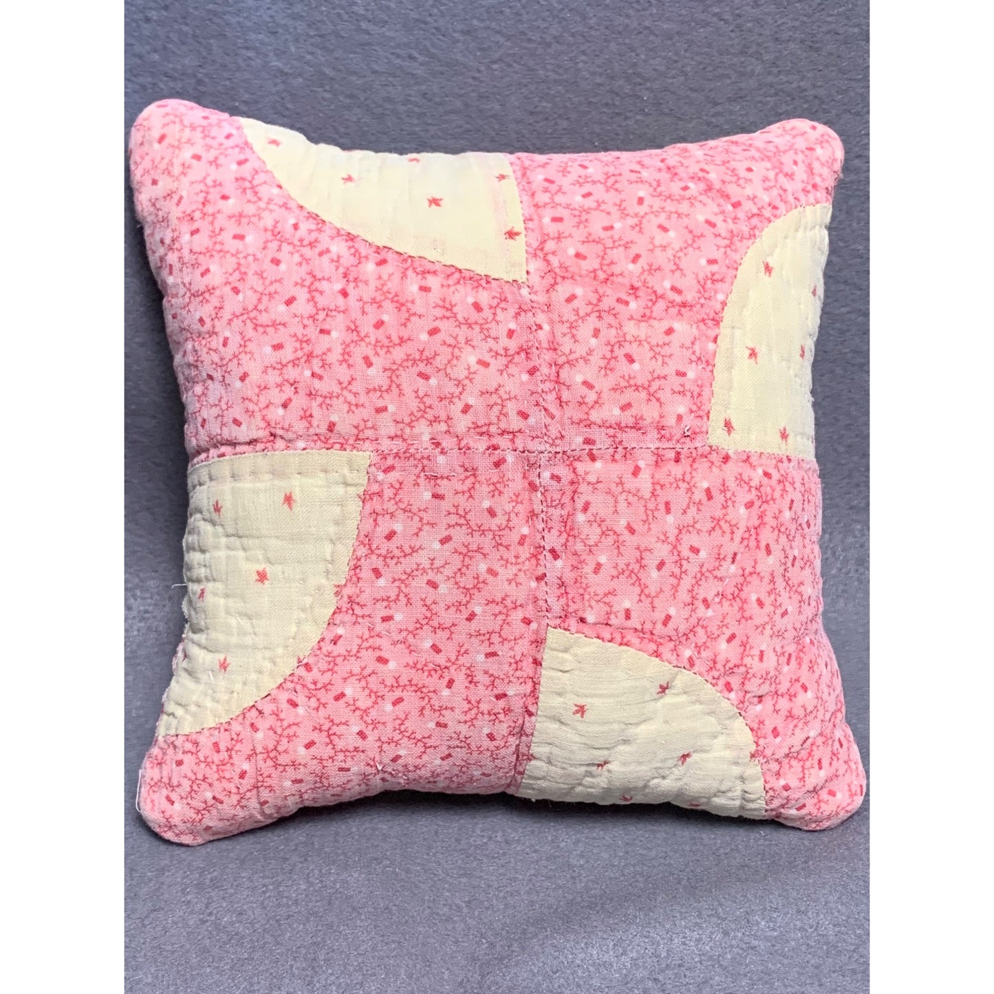 Vintage Handmade Pink & Cream Patchwork Pillow - 7" x 7" Quilted Throw Cushion