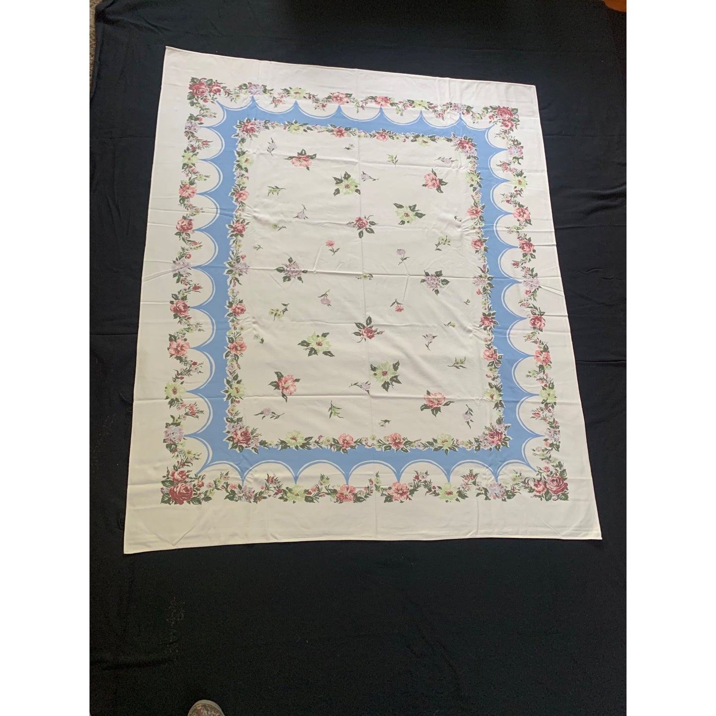 Vintage Blossom Breeze Floral Tablecloth with Blue & Pink Rose Border