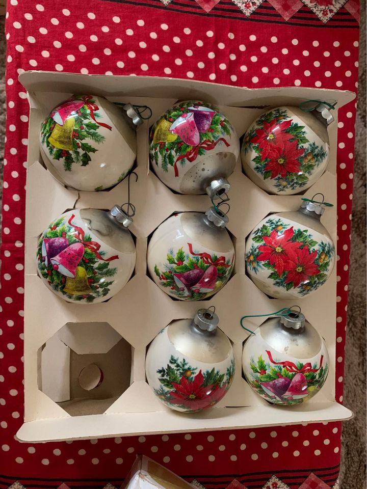 Vintage Noelle Poinsettia & Bells Glass Ornaments Set of 8