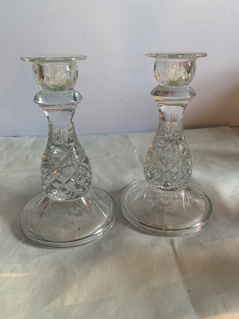 Cambridge Pineapple Pattern Clear Pressed Glass Candle Stick set of 2 6 inch tall