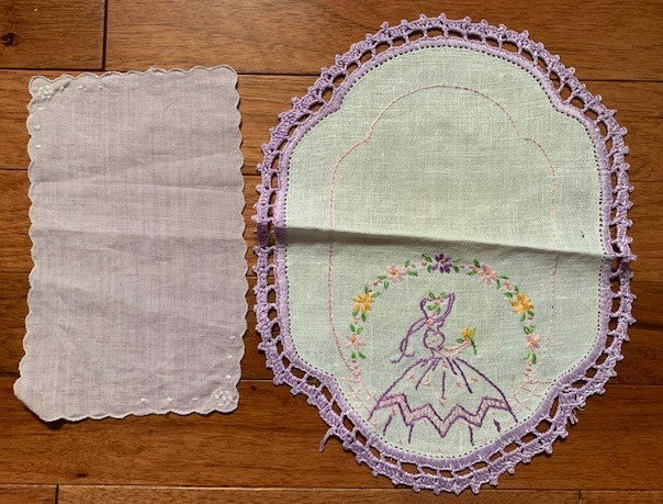 Vintage Embroidered Lady with crocheted edge linen doily set #31b