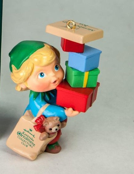 Hallmark Collector's Club Elf Balancing Packages Ornament