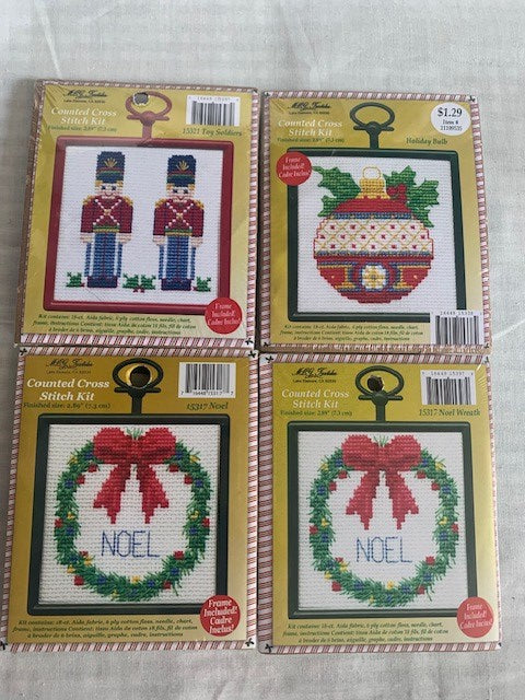 Toy Soldiers, holiday bells & noel wreath counted cross stitch kit set of 4 - New