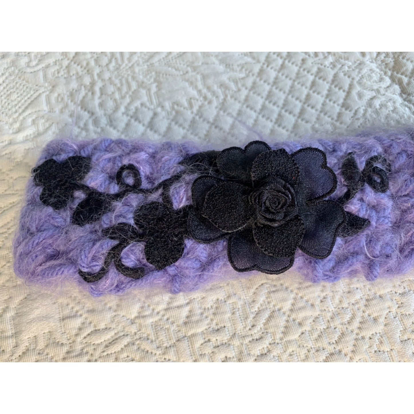 Handmade Purple with Black Flower Crocheted Headband - New