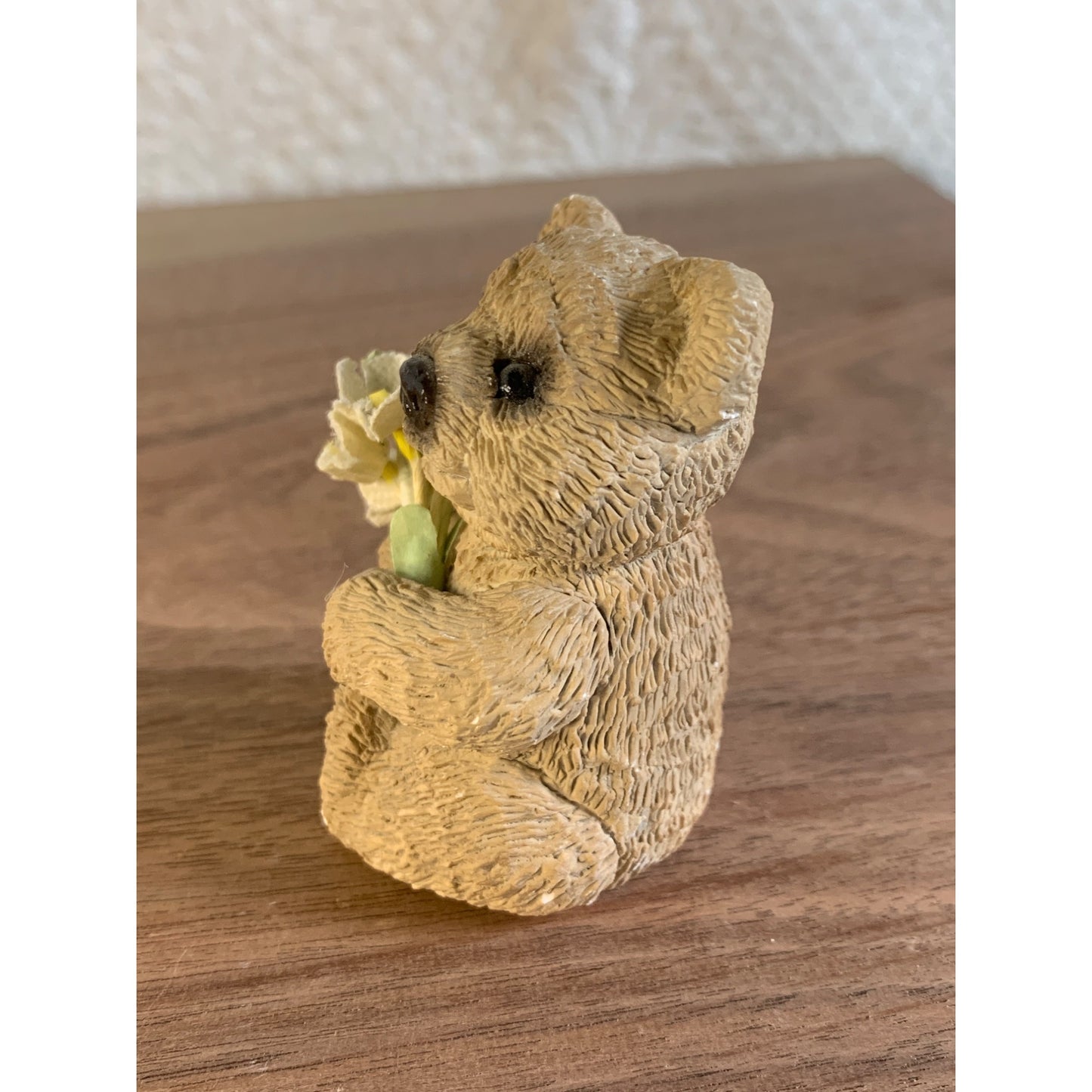 Stone Critter Bear Holding Flowers Figure