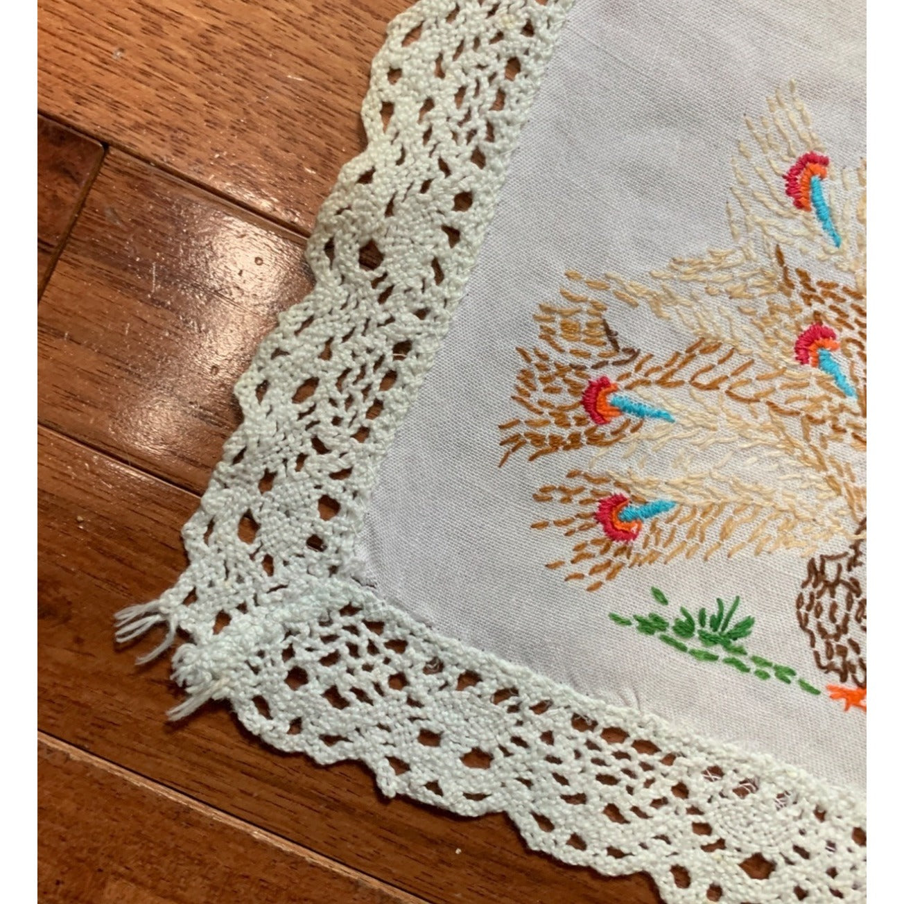 Vintage Hand Embroidered Peacock White Table Runner 12x34 inches