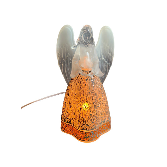 Frosted Glass Angel Lamp with Crackle Glass Look Acrylic Skirt & Light-Up