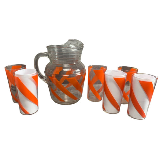 Vintage Orange Swirl 6 12oz Glasses & Pitcher Mid Century Set