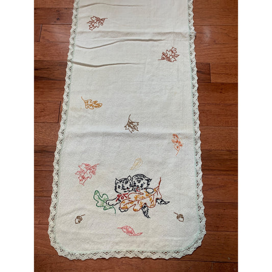 Vintage Embroidered Table Runner with Kittens & Autumn Leaves - 41" Long