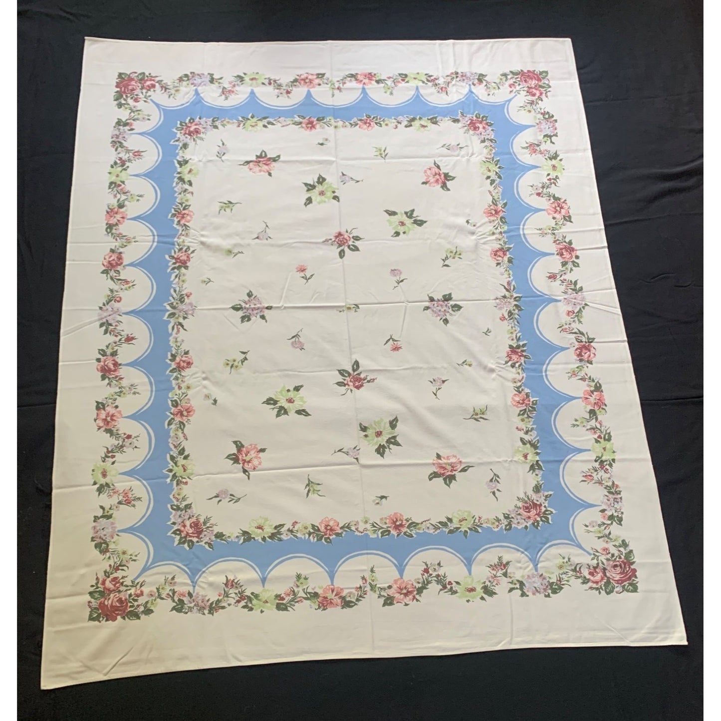 Vintage Blossom Breeze Floral Tablecloth with Blue & Pink Rose Border