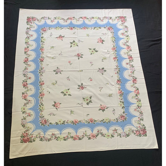 Vintage Blossom Breeze Floral Tablecloth with Blue & Pink Rose Border