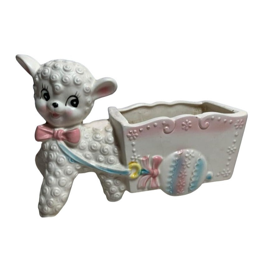 Lamb Pulling Wagon Planter E3304 Japan 50’s Vintage Ceramic