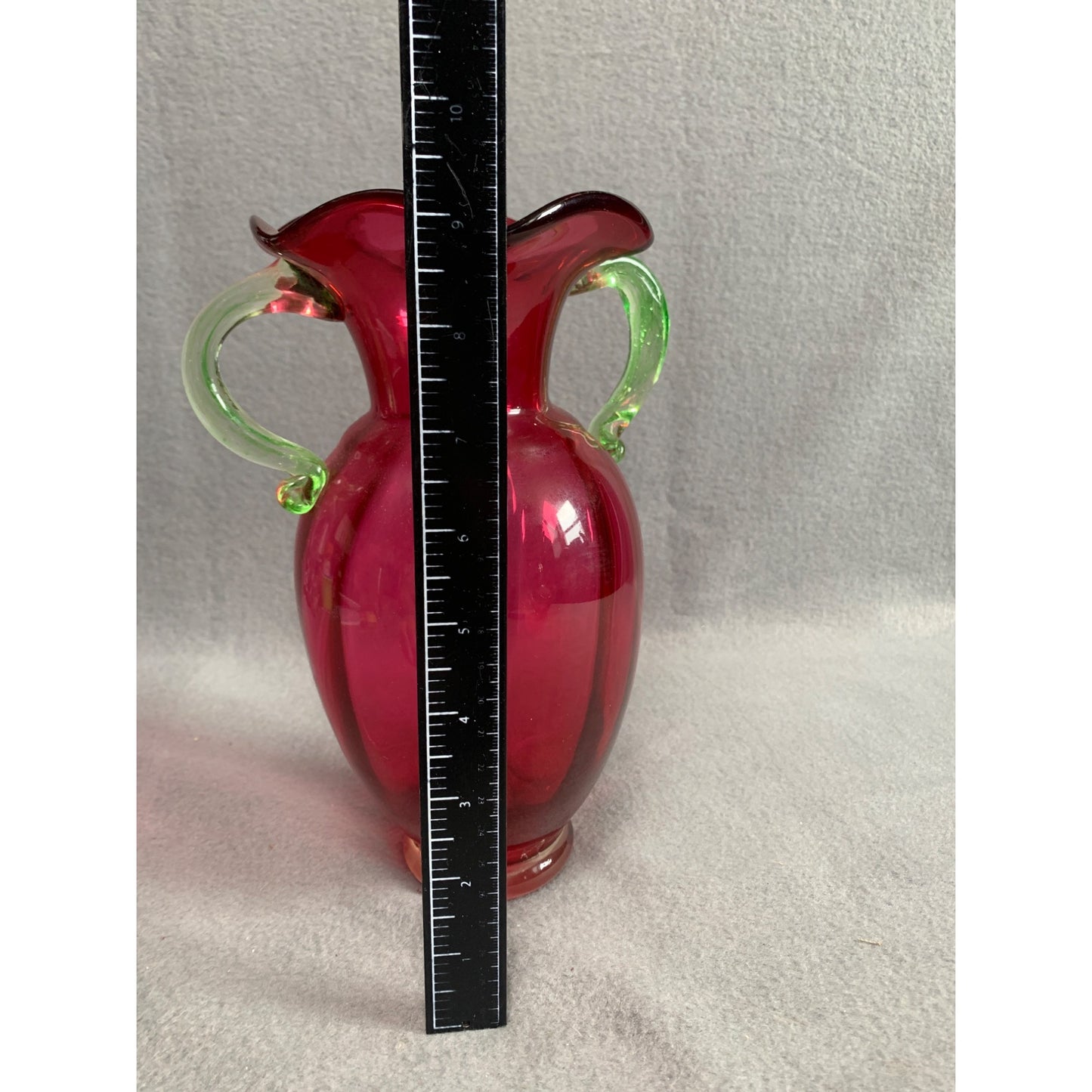 Vintage Hand Blown Cranberry Glass Vase with Green Handles 9.5 inch tall