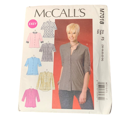 McCalls M7018 Sewing Pattern Womens Shirt Size 16-18-20-22-24 uncut