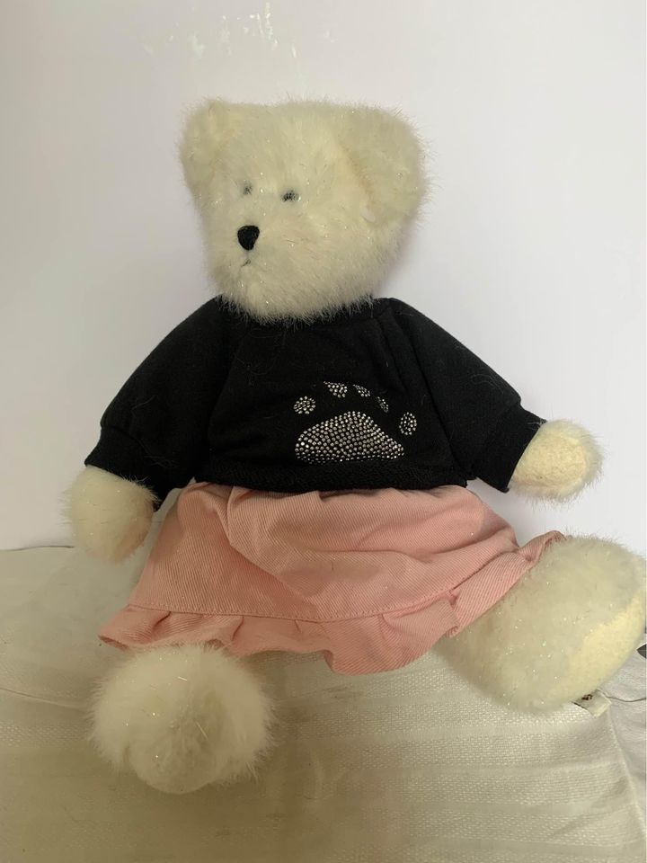 Boyds white bear with black paw shirt and pink skirt 15”