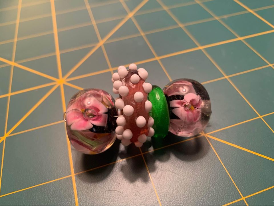 Handmade pink green Glass Lampwork Beads - New