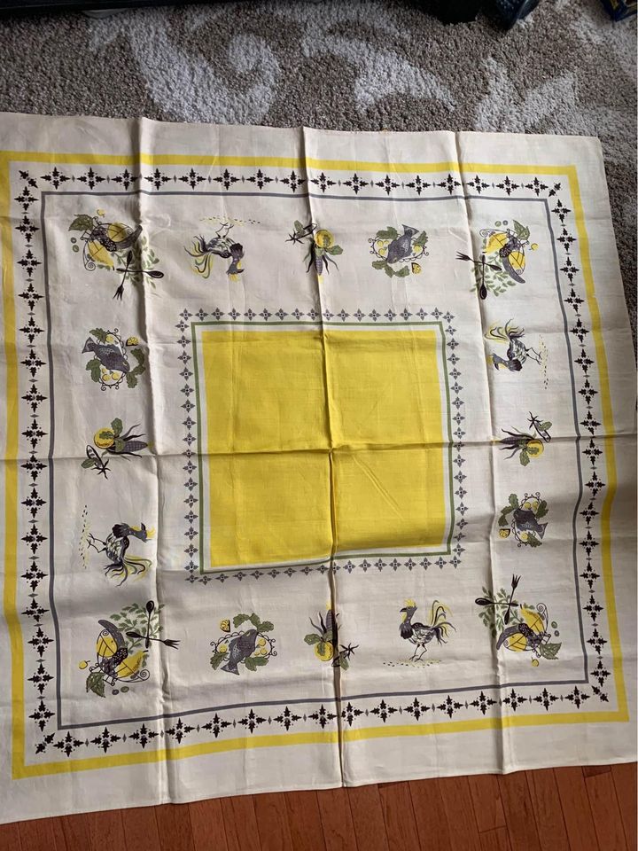 Vintage yellow 51” square tablecloth