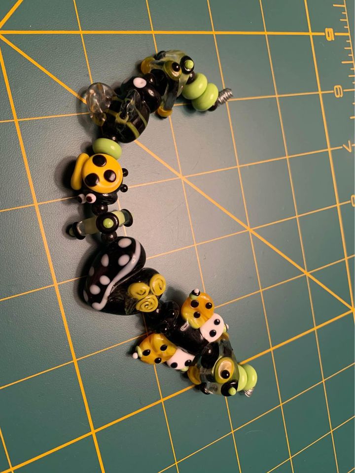 Handmade Yellow, green & black Lampwork Glass Beads - New