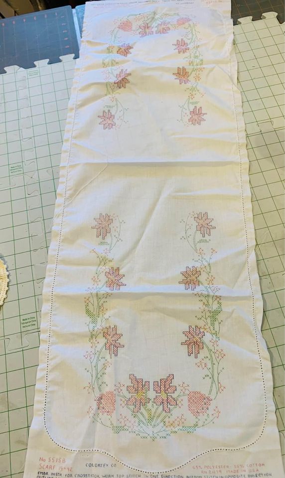 Flower stamped cross stitch dresser scarf 13”x38”