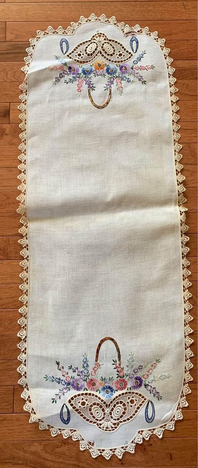 Vintage hand embroidered cut work runner 16” x 44” set of 2 #277B