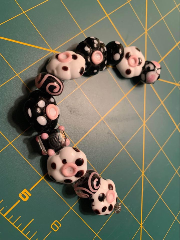 Handmade pink black & white glass lampwork beads - New