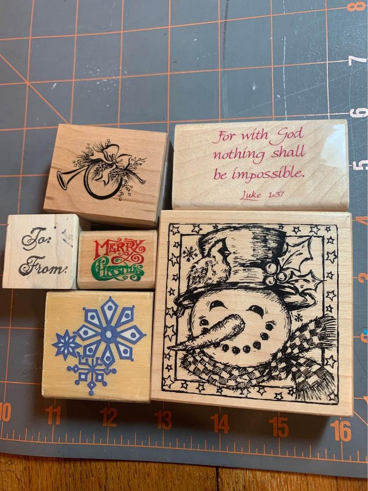 Snowman horn snowflakes rubber stamp set #3