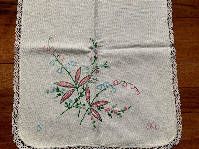 Vintage Embroidered Lily of the Valley table runner #19w