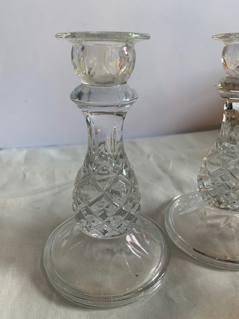 Cambridge Pineapple Pattern Clear Pressed Glass Candle Stick set of 2 6 inch tall