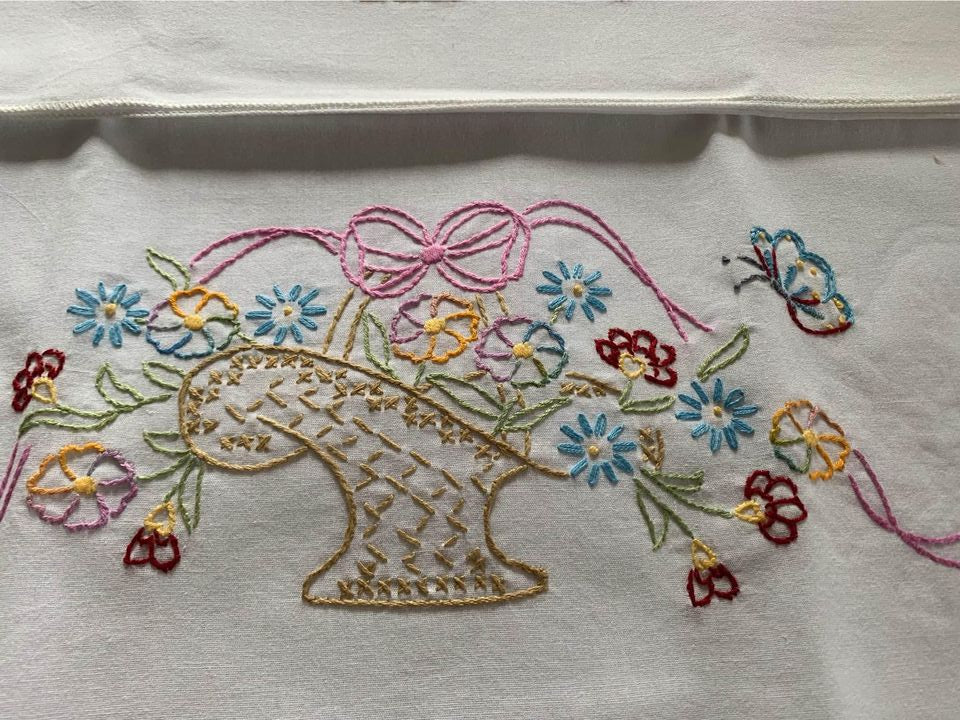 Vintage Hand Embroidered Flower Basket With Ribbon Pillowcase Set of 2 #3