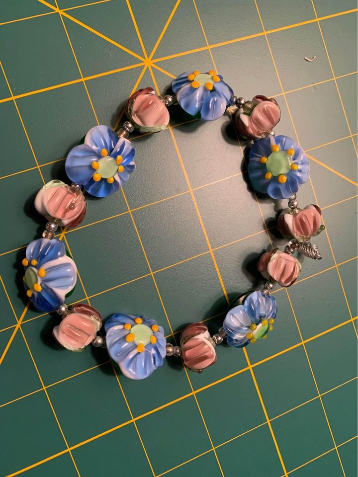 Handmade Blue burgundy flower Lampwork Glass Beads - New