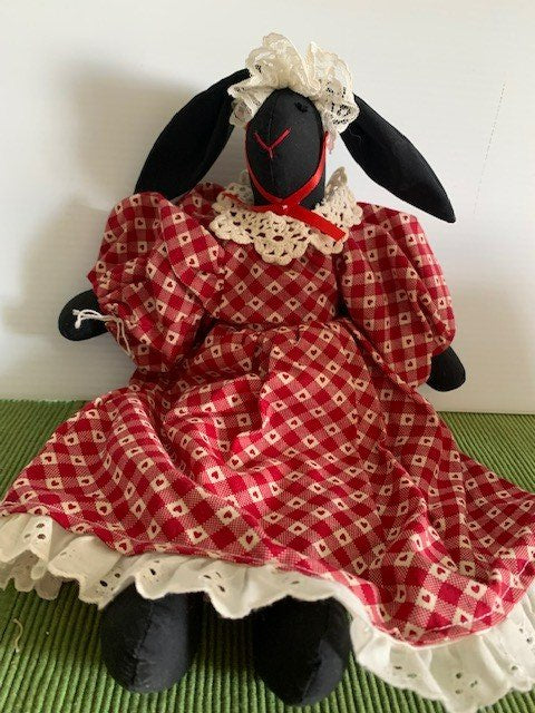 Handmade Americana bunny with red dress 14” tall