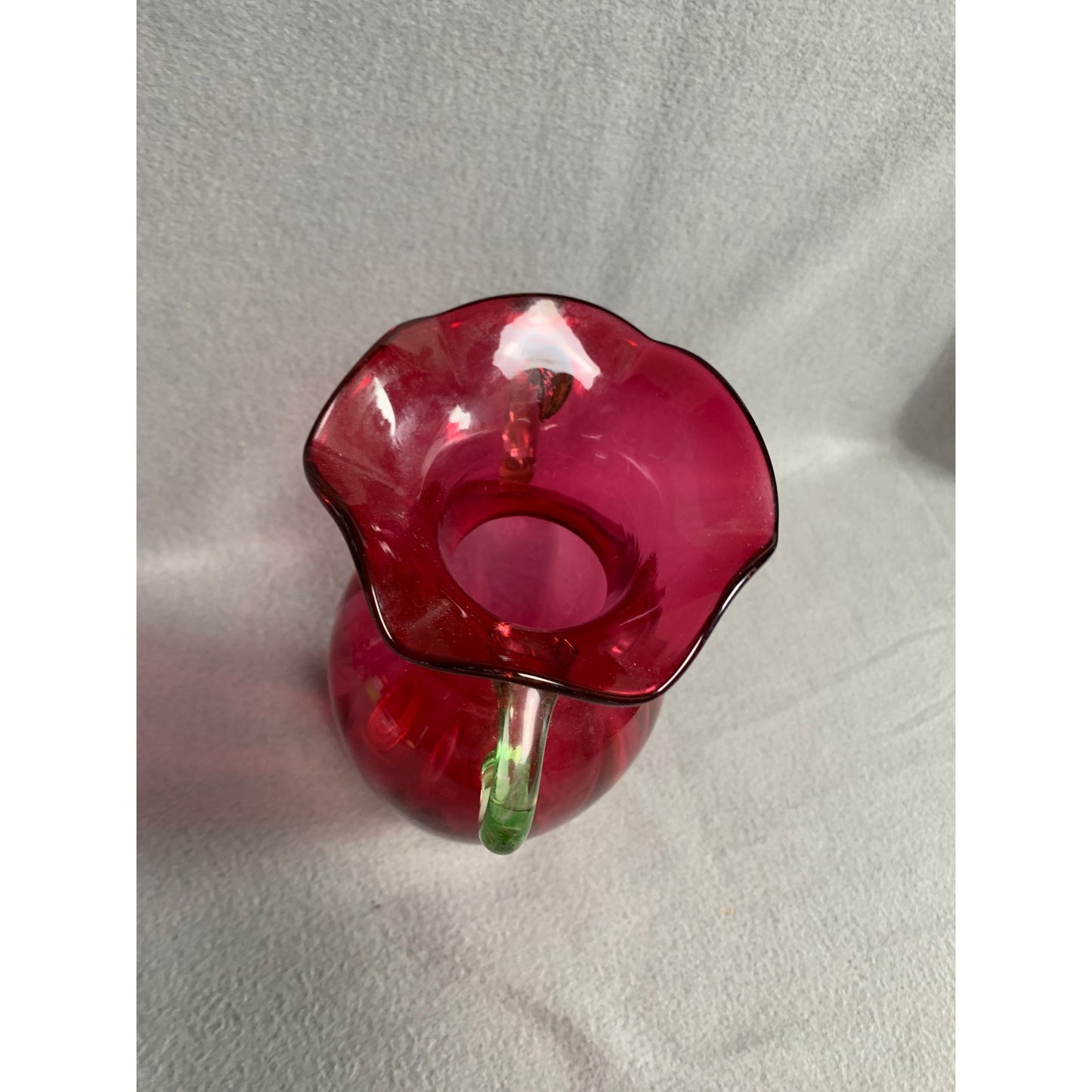 Vintage Hand Blown Cranberry Glass Vase with Green Handles 9.5 inch tall