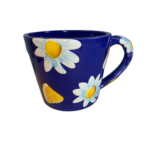 XLarge Daisy and Lemon Blue Flower Ceramic Mug