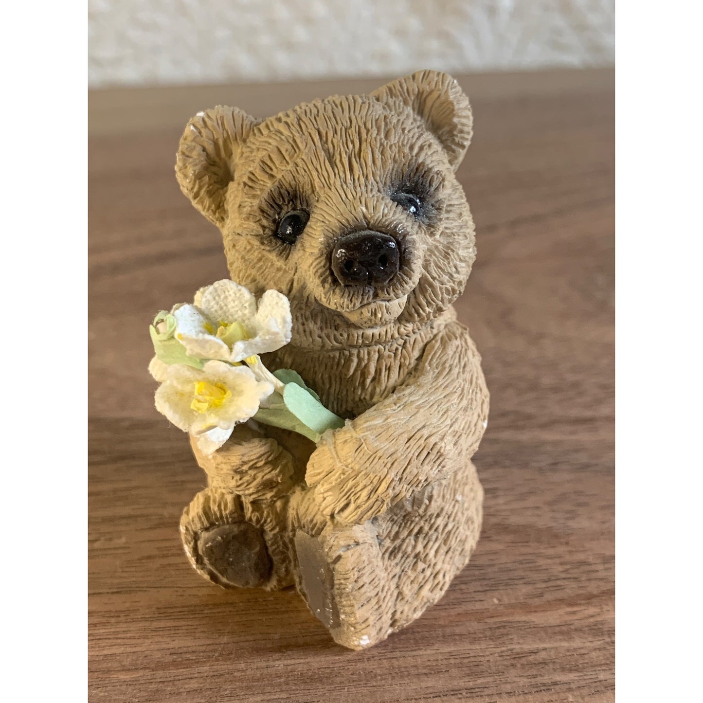 Stone Critter Bear Holding Flowers Figure