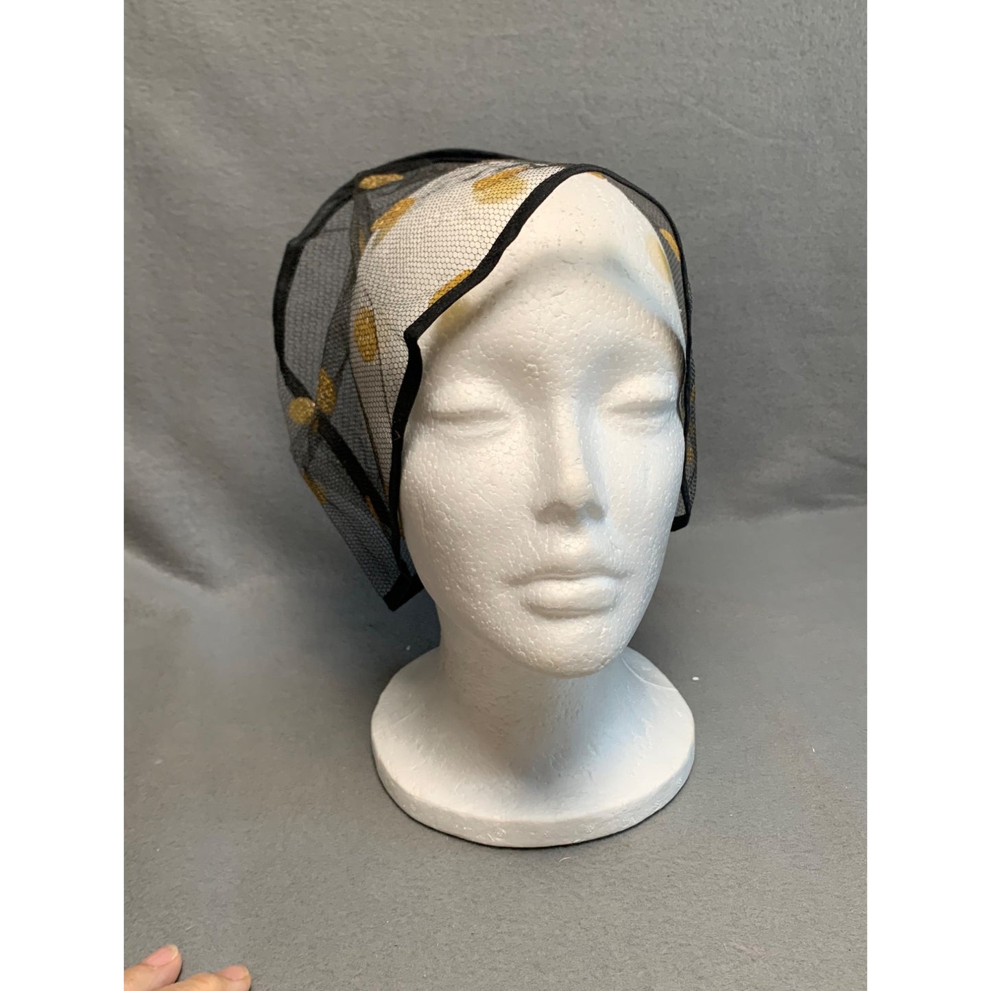 Vintage Womens Black Mesh Hair Net w/Gold Polka Dots - Retro Chic Head Covering