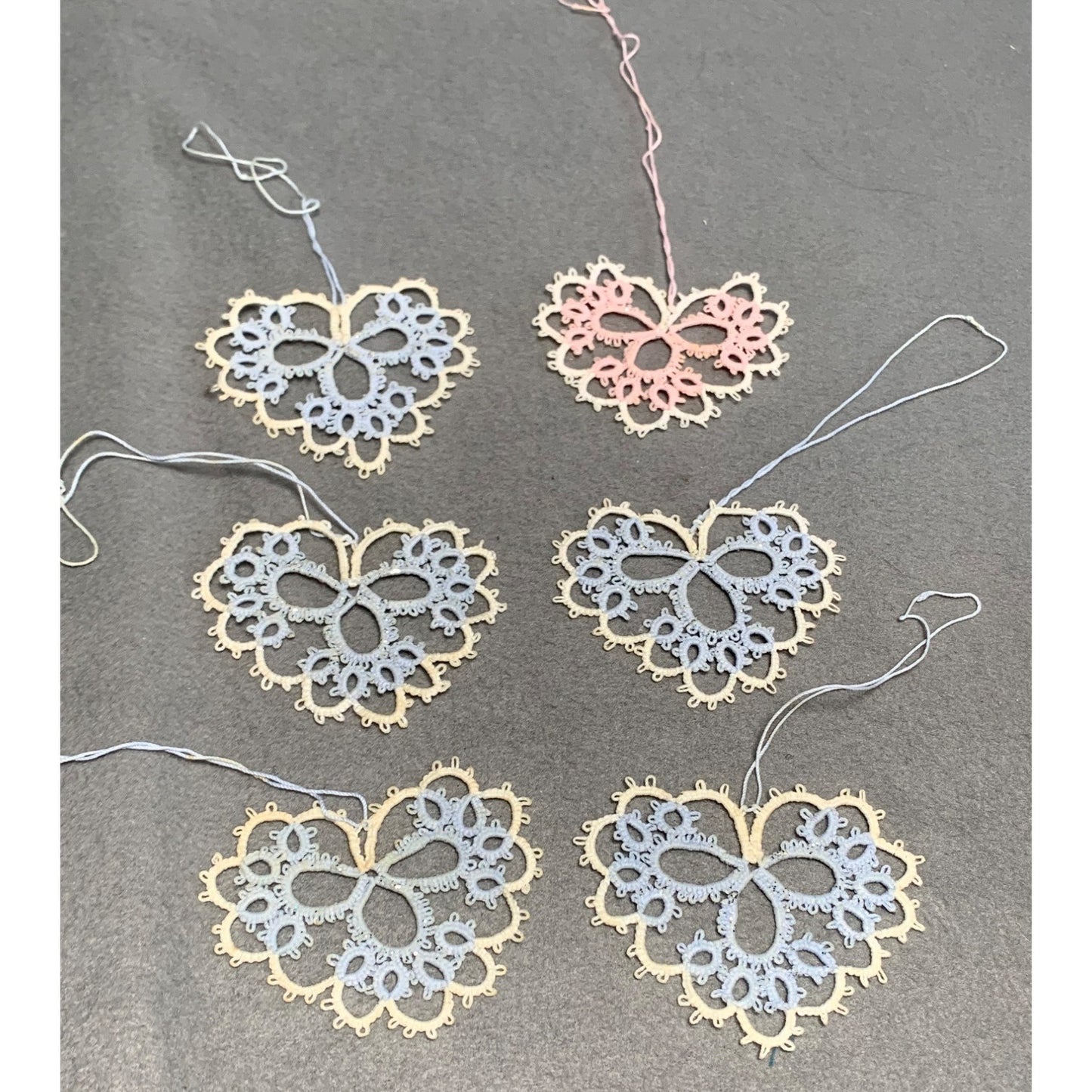 Handmade Tatting Lace Heart Ornaments Set of 6 Embroidered Cotton Decoration