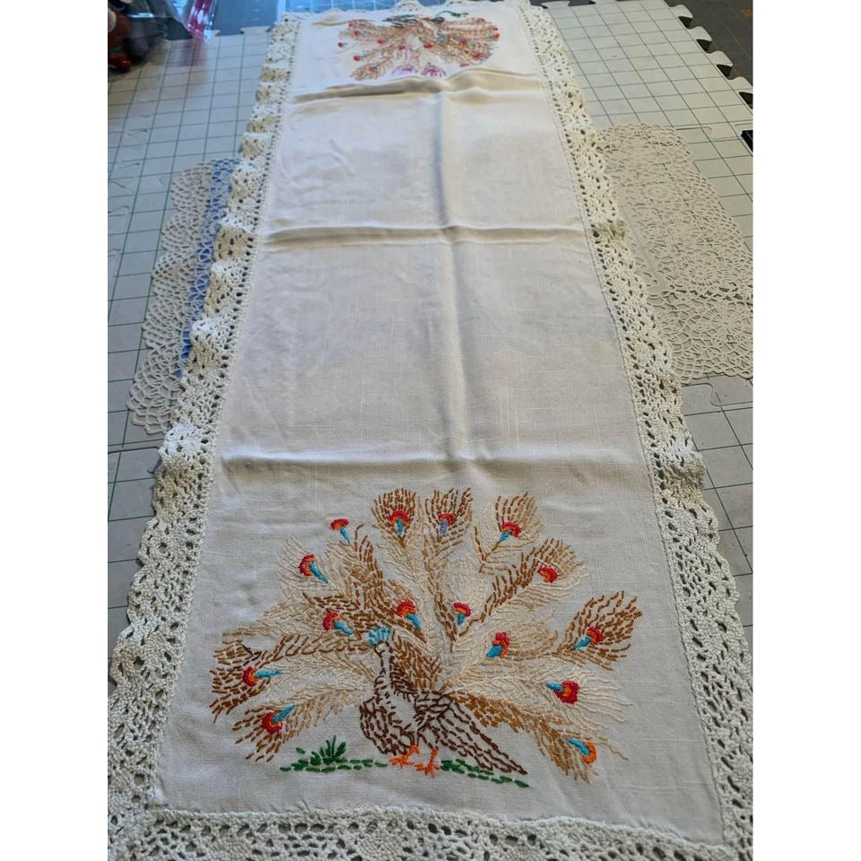 Vintage Hand Embroidered Peacock White Table Runner 12x34 inches