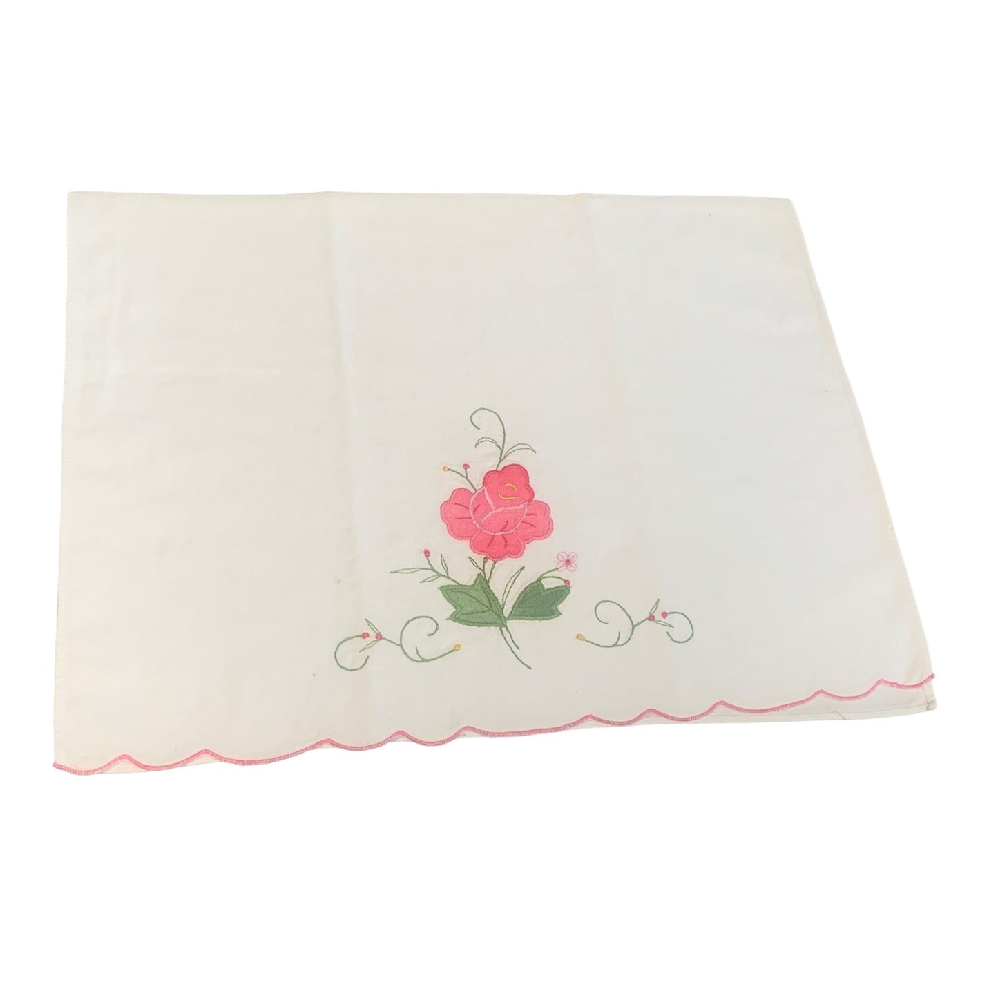 Vintage Floral Embroidered Applique Hand Towel with Pink Scalloped Edge