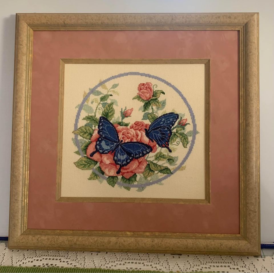 Pink Rose & Butterfly Needlepoint Framed Wall Art 16x17