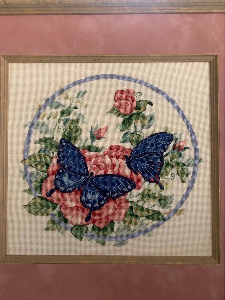 Pink Rose & Butterfly Needlepoint Framed Wall Art 16x17