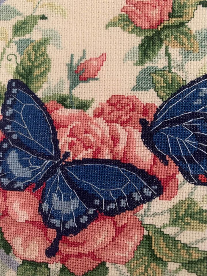 Pink Rose & Butterfly Needlepoint Framed Wall Art 16x17