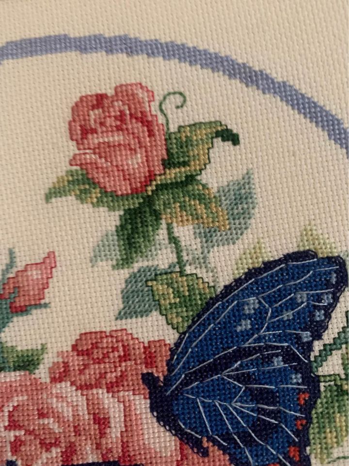 Pink Rose & Butterfly Needlepoint Framed Wall Art 16x17